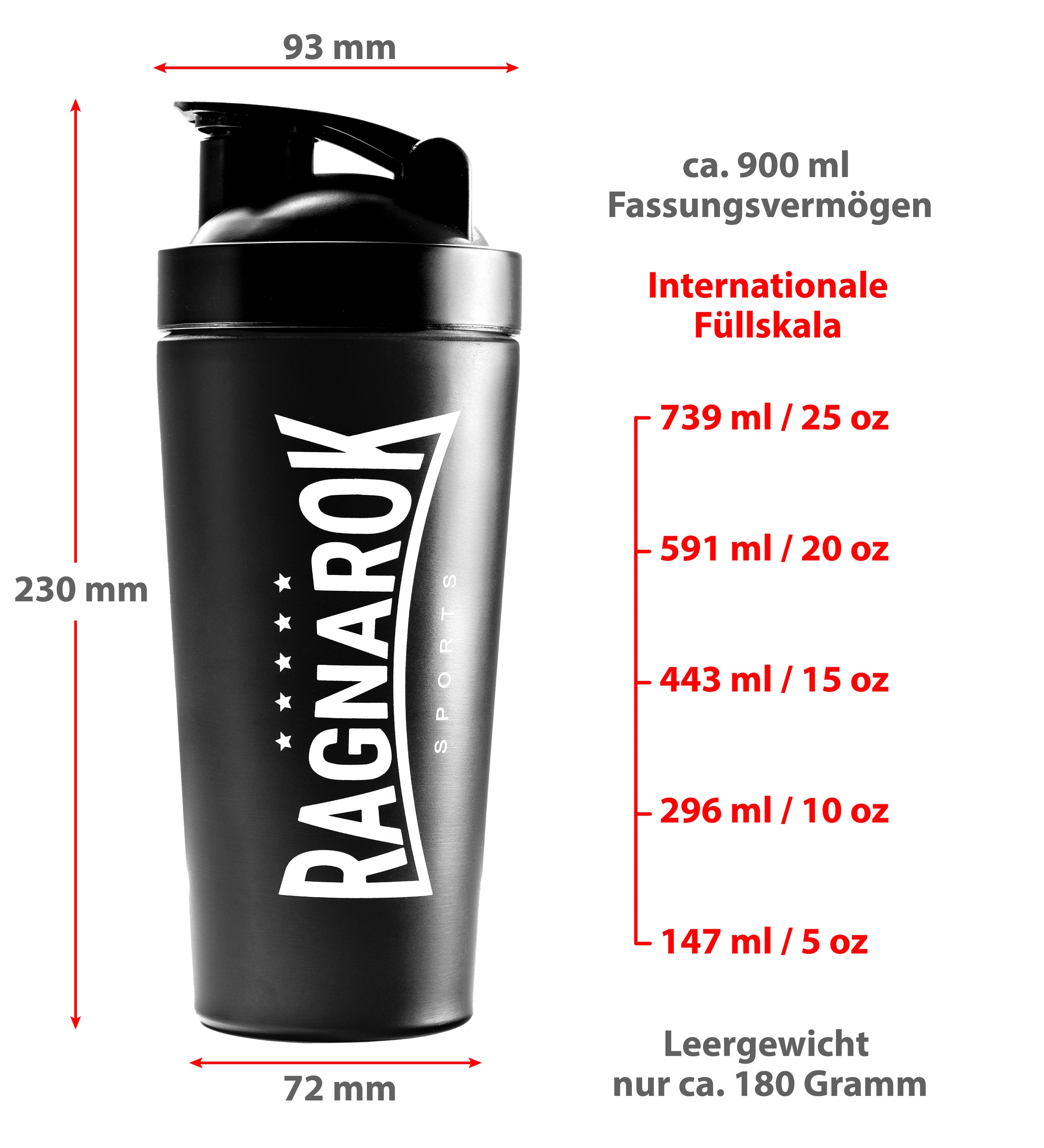 RAGNAROK Edelstahl Shaker Protein 750ml Metallshaker Trinkflasche mit Kugel Sport Fitness