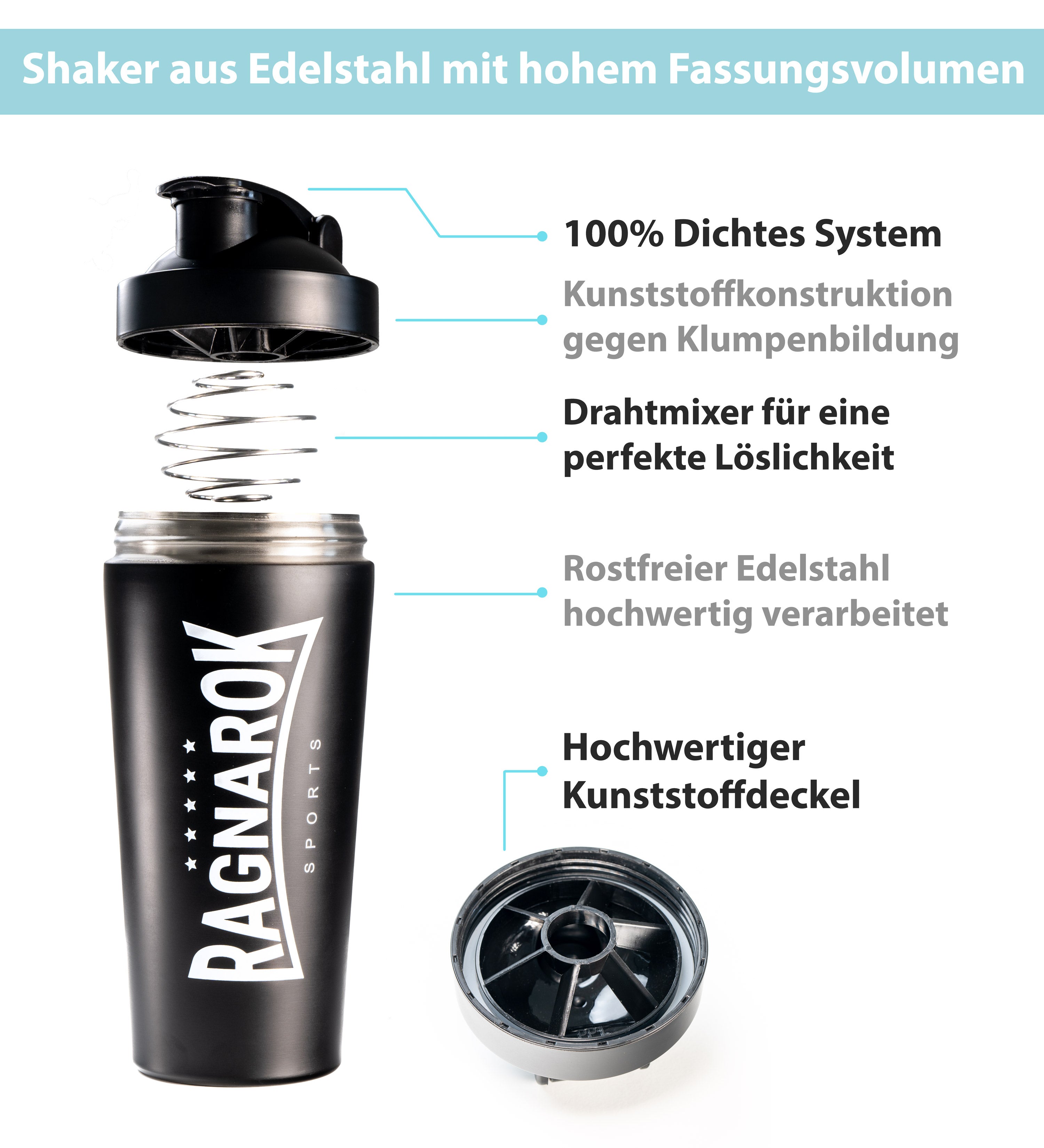 RAGNAROK Edelstahl Shaker Protein 750ml Metallshaker Trinkflasche mit Kugel Sport Fitness